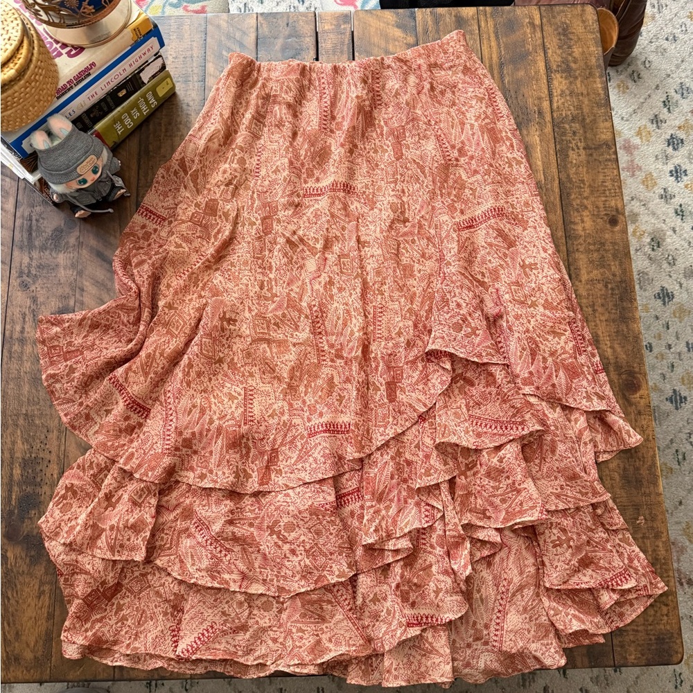 Sz Sm Petite Coldwater Creek Dusty Rose Paisley Tiered Ruffle High-Low Skirt